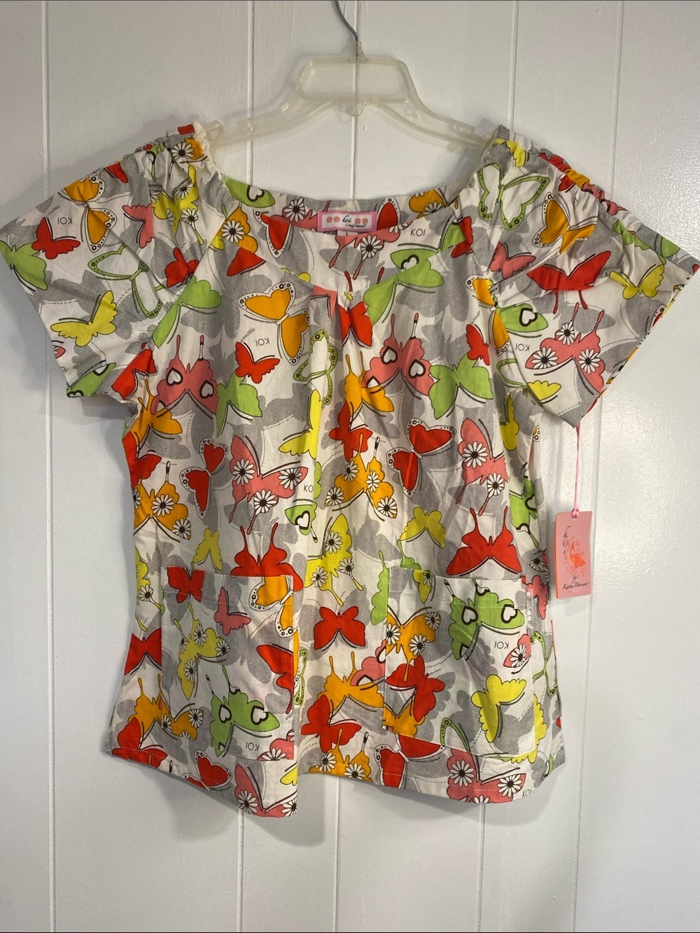 Koi Butterfly Print Scrub Top Cotton Whimsical Cottagecore Nurse Nature Large